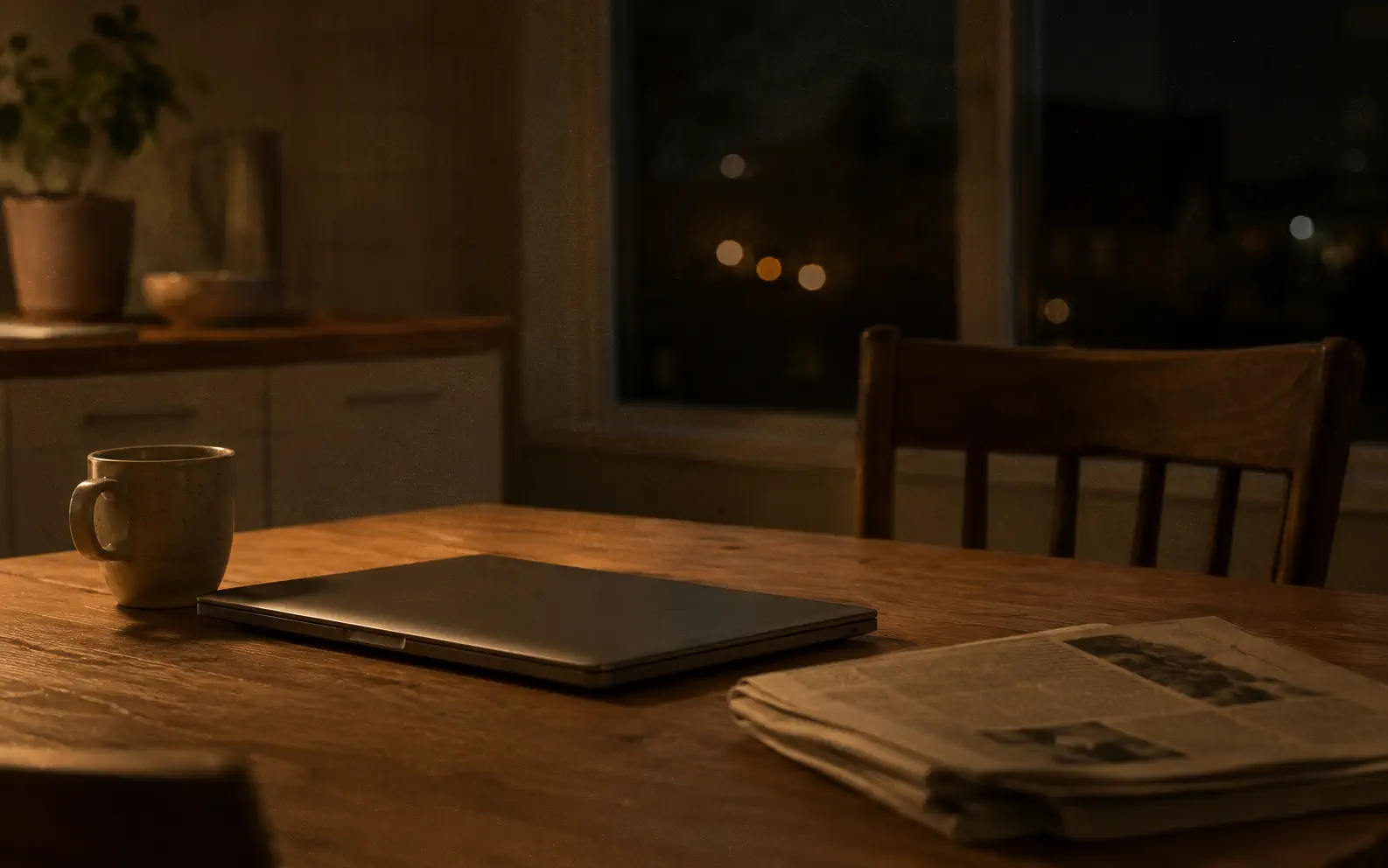 A kitchen table at night, lit by a single lamp, with a closed laptop on it.